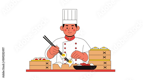 Chef preparing dim sum with bamboo steamers. Modern flat vector Asian culinary illustration in solid colors