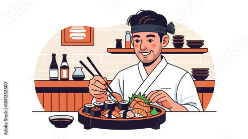 Chef arranging assorted sushi platter. Modern flat vector Japanese culinary illustration with clean solid colors