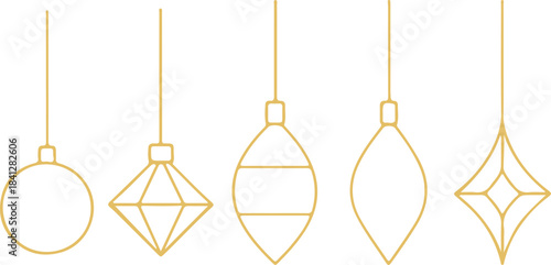 Minimalist Gold Christmas Ornaments Set, Line Art Baubles, Elegant Simple Xmas Holiday Decoration Icons, Vector Illustration.