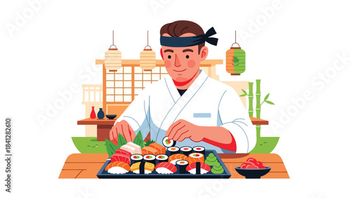 Chef arranging assorted sushi platter. Modern flat vector Japanese culinary illustration with clean solid colors