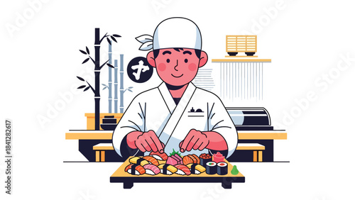 Chef arranging assorted sushi platter. Modern flat vector Japanese culinary illustration with clean solid colors