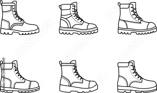 Set of Six Black and White Outline Combat Boots Keywords: boot, boots, combat, military, work, fashion, footwear, shoe, shoes