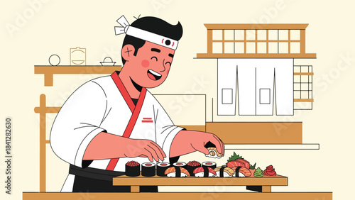 Chef arranging assorted sushi platter. Modern flat vector Japanese culinary illustration with clean solid colors
