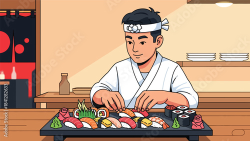 Chef arranging assorted sushi platter. Modern flat vector Japanese culinary illustration with clean solid colors