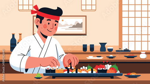 Chef arranging assorted sushi platter. Modern flat vector Japanese culinary illustration with clean solid colors