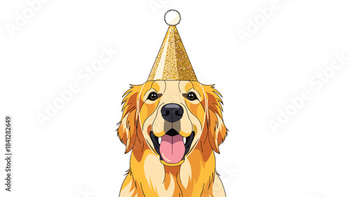 A golden retriever dog wearing a gold glittery party hat on its head isolated on white background for celebrations and happy occasions