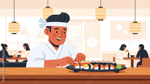 Chef arranging assorted sushi platter. Modern flat vector Japanese culinary illustration with clean solid colors