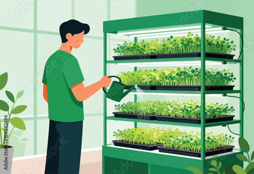 Person watering trays of microgreens under grow lights in a vertical garden