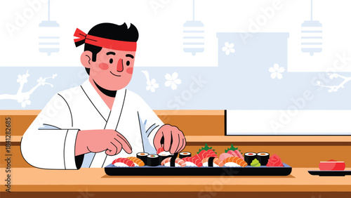 Chef arranging assorted sushi platter. Modern flat vector Japanese culinary illustration with clean solid colors