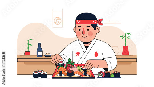 Chef arranging assorted sushi platter. Modern flat vector Japanese culinary illustration with clean solid colors