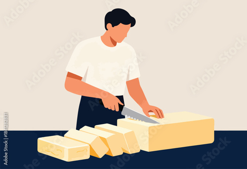 Person in white shirt cuts a block of butter into slices