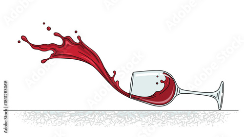 A wine glass lying on its side with red wine pouring out in a dynamic splash isolated on white background