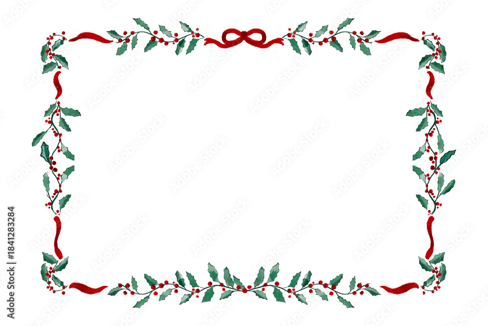 Fototapeta premium christmas border frame bow ribbon illustration New Year garland isolated hand drawn on transparent background Winter decor xmas