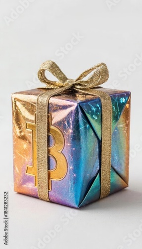 Golden Bitcoin on Holographic Gift Box. Cryptocurrency Investment Concept.