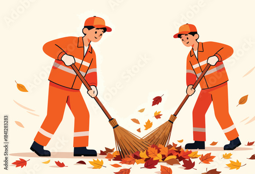 Two workers in orange uniforms sweep fallen autumn leaves with brooms