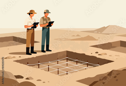Archaeologists examine excavation site with grid