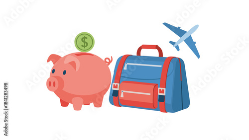 A colorful illustration of a piggy bank, suitcase, and airplane, symbolizing travel savings and vacation planning on isolated white background