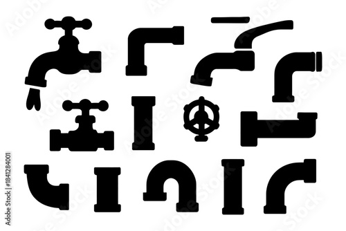 Silhouette of plumbing fixtures and pipe fittings collection.