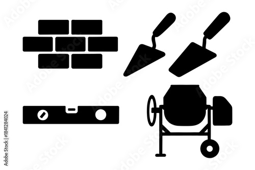 Construction tools silhouette: brick wall, trowels, level, concrete mixer illustration.