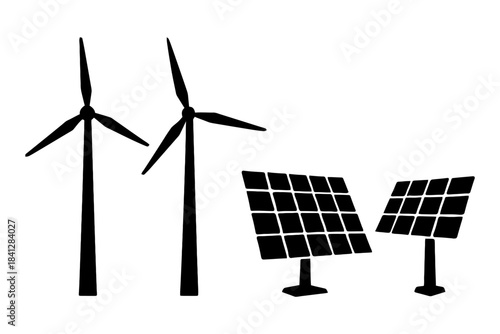 Silhouette of wind turbines and solar panels for renewable energy.