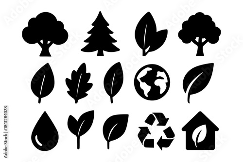Collection of eco-friendly nature and recycling icons in black silhouette.