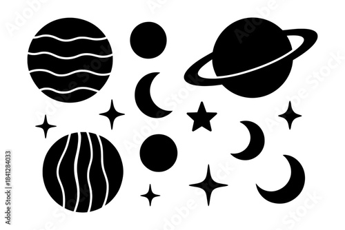 Abstract celestial icons with planets, moons, and stars in black silhouettes.