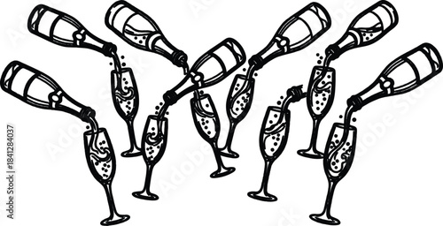 Champagne bottles pouring into glasses celebration toast