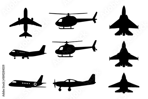 Silhouette collection of aircrafts and helicopters in profile and top views.