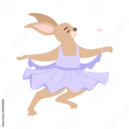 Happy cartoon bunny wearing a purple tutu dress, dancing gracefully with closed eyes and a smile, perfect for children’s designs, isolated on white background vector illustration