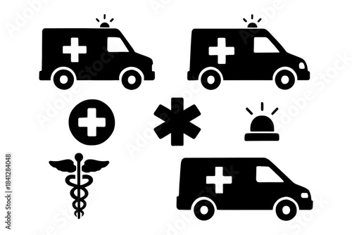 Emergency vehicles and medical icons set featuring ambulances and health symbols.
