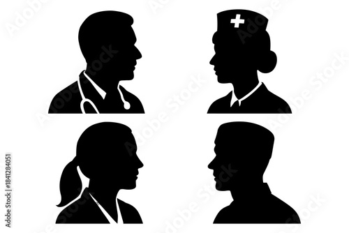 Silhouettes of medical professionals: male and female doctors and nurses.