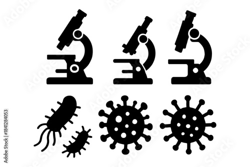 Microscope icons and microbial shapes in black silhouettes.