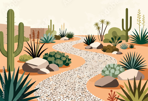 Stylized desert landscape featuring a winding gravel path and various desert plants