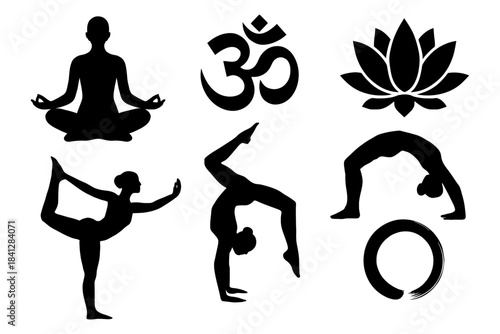 Yoga silhouettes and symbols featuring om and lotus designs.
