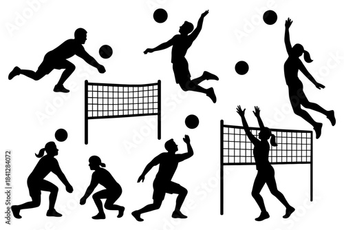 Silhouettes of diverse athletes playing volleyball in dynamic poses.