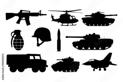 Military equipment silhouettes: tanks, helicopter, grenade, helmet, bullet, jet, truck.
