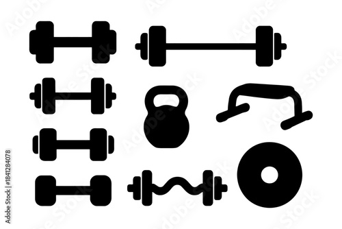 Black silhouette fitness equipment icons: dumbbells, kettlebell, barbell, push-up bars, weight plate.