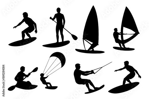 Silhouettes of water sports activities: surfing, windsurfing, kitesurfing, paddleboarding.
