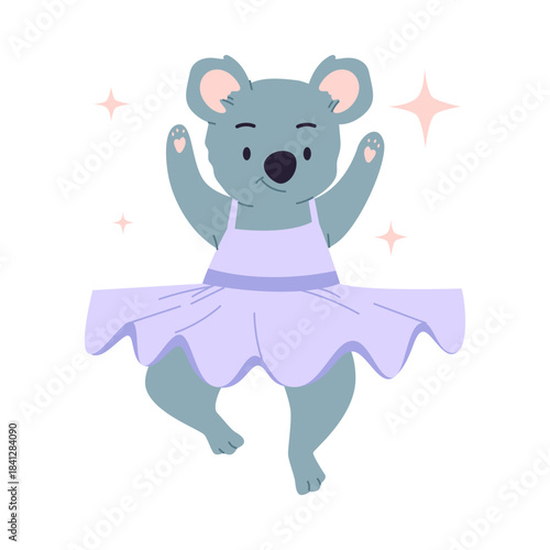 Adorable isolated koala wearing a purple tutu and dancing happily on a white background vector illustration