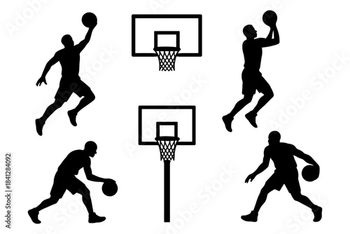 Silhouette of male basketball players in action with hoops.