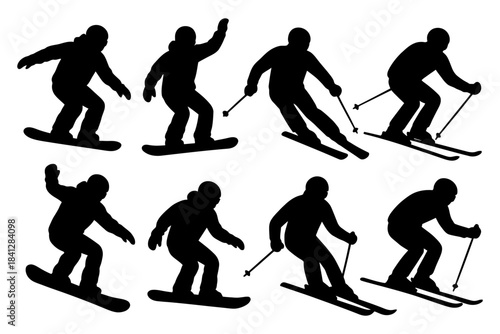 Silhouette collection of skiers and snowboarders in action poses.