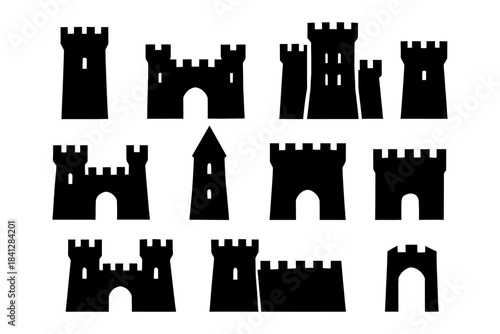 Silhouette collection of medieval castle towers and fortresses.