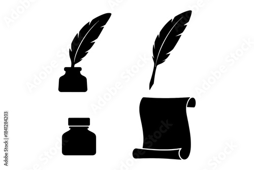 Silhouette of quills with ink bottles and scroll.