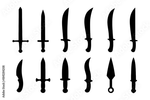 Silhouette collection of various sword and dagger designs.