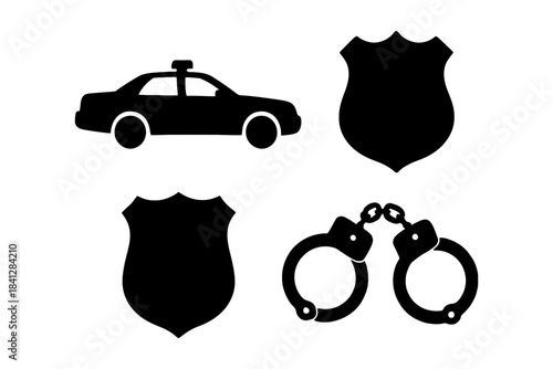 Silhouettes of police car badge and handcuffs icons.