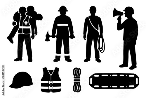 Silhouette icons of male rescue workers and equipment.