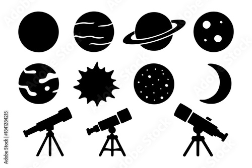 Silhouettes of telescopes and celestial bodies including planets and moons.