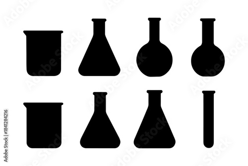 Silhouette of various chemistry lab equipment on white background.