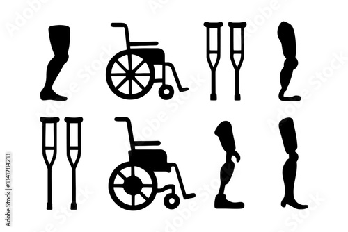 Silhouette icons of mobility aids including wheelchair, crutches, prosthetic legs.