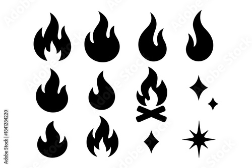 Black fire and spark icons set on white background.